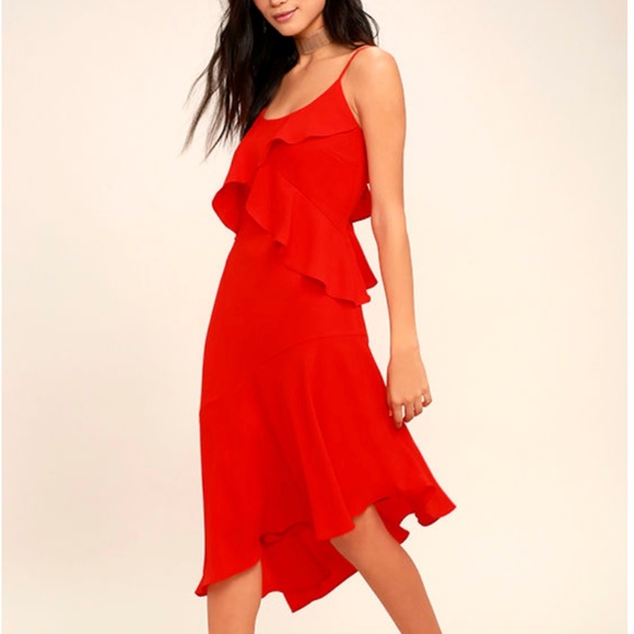 red midi ruffle dress